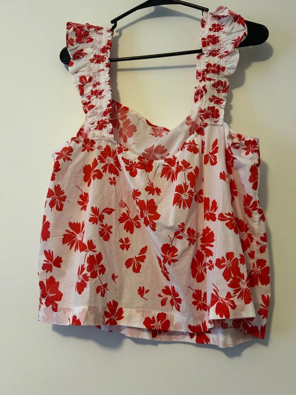 J. Crew White Tank Top with Red Floral Print, Ruffle straps, Size XL